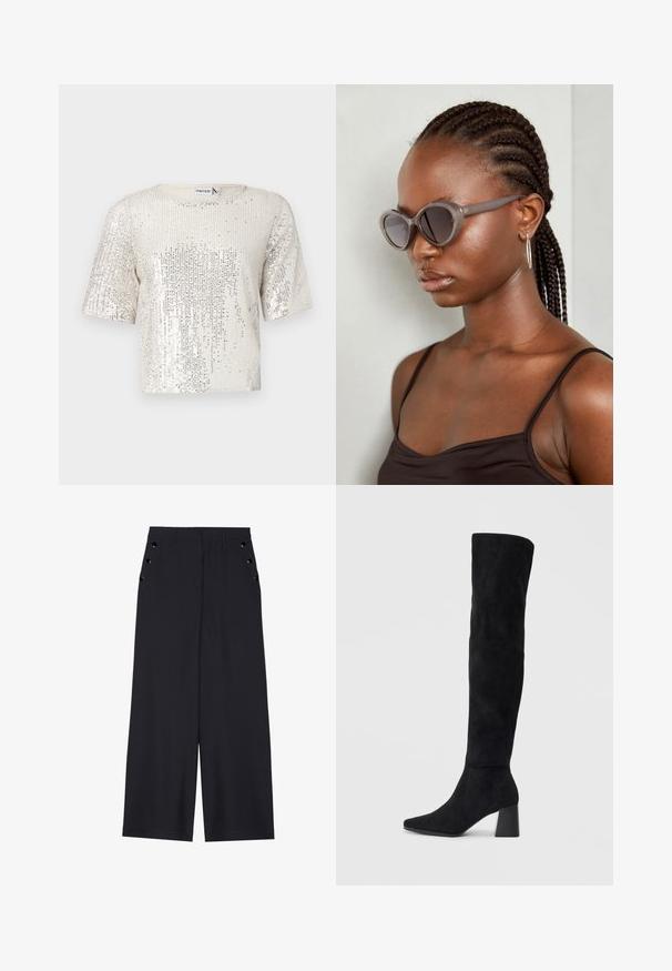 Kortermet topp i kremfarget stoff, dekket med sølvfargede paljetter. Har rund halsering og en avslappet passform, som viser en teksturert overflate.; Bredde benbukser i mørk marinefarge, med en jevn tekstur, frontfalter og dekorative gullfargede øyespenner på sidelommene.; Sorte semskede knelang støvel med blokk-heelsk, spiss tå og glatt, sømløst design på en ensfarget lys bakgrunn.; Grå, overdimensjonerte solbriller med rund form og mørke linser. Slank plastikkramme med glatt overflate. Modellen har flette.