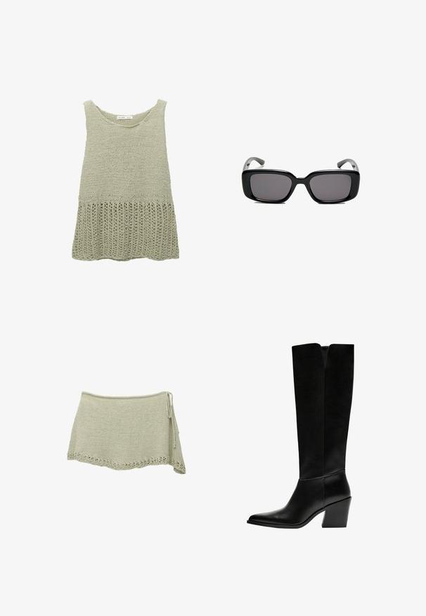 Dzianinowa bluzka w jasnym zielonym kolorze z okrągłym dekoltem. Posiada teksturowaną górną część oraz luźny, otwarty splot na dolnym końcu.; Szydełkowana spódnica w jasnym zielonym kolorze z falbaniastym koronkowym dołem, regulowanym wiązaniem z boku oraz teksturowanym materiałem.; Czarne kozaki do kolan wykonane z gładkiej skóry, z ostro zakończonym noskiem, blokowym obcasem i wycięciem w kształcie litery V na górze.; Czarne prostokątne okulary przeciwsłoneczne z ciemnymi soczewkami, gładką plastikową ramką i wygiętymi zausznikami. Projekt jest masywny, o minimalistycznej estetyce.