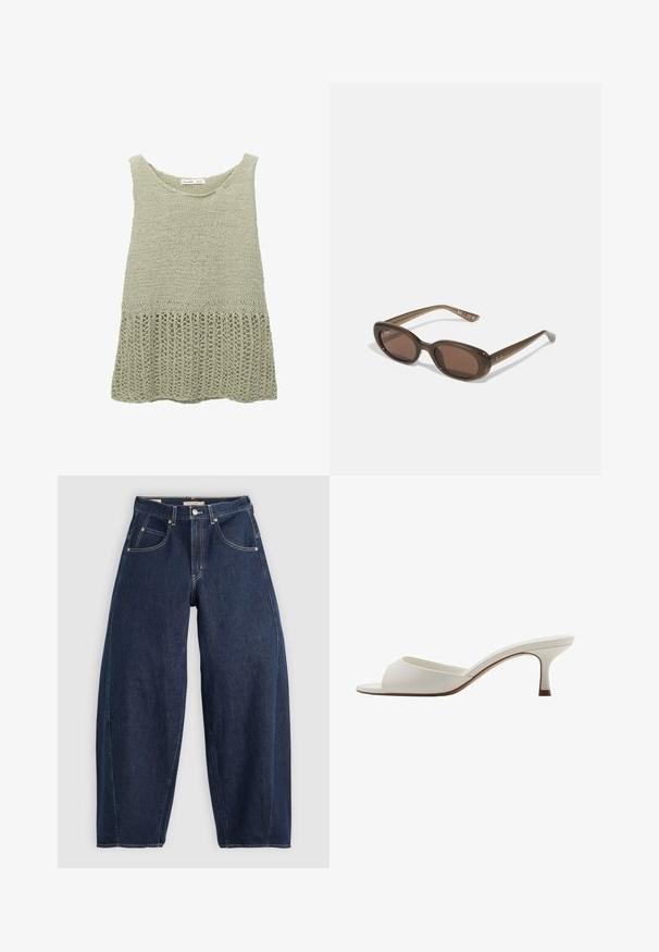 Pulover v svetlo zeleni barvi z okroglim izrezom. Ima teksturirano zgornje področje in ohlapno, odprto tkano spodnje rob.; Temno modri kavbojasti hlače z ohlapnim krojem, svetlimi šivi, petimi žepi in gumbom za zapiranje na pasu.; Bele odprte visoke petke z gladko površino, minimalističnim oblikovanjem in vitko peto, ki ima subtilen rjav odtenek na podplatu.; Rjave ovalne sončne naočare s temnimi lečami. Obloge so narejene iz prozorne rjave materiale in imajo na templjih natisnjeno logo.; Zelena usnjena torbica z gladko teksturo, ukrivljeno obliko in pletenim ročajem. Ima zadrgo in nastavljiv trak.