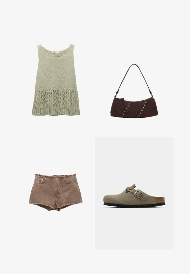 Knit top in pale green with a scoop neckline. Features a textured upper section and a loose, open weave bottom hem.; Brown denim shorts with frayed hem, five-pocket design, and metal button accents. Material appears slightly distressed with a textured surface.; Suede clogs in light olive green with a molded cork and rubber sole. Features a side strap with a metal buckle and a rounded toe.; Brown synthetic leather handbag with a curved shape, zipper closure, and decorative silver studs along one side. Features a short shoulder strap.