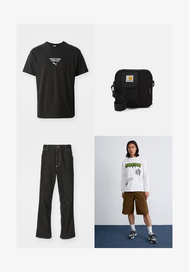 Juodas medvilninis marškinėliai su apvaliu kaklu, su baltu užrašu "PORSCHE LEAGUE TURBO CLUB" ir mažu Puma logotipu apačioje.; Juodi džinsai su laisvu siluetu, turintys kontrastingas balto siūlo siūles, mygtuko uždarymą ir tiesų kojos dizainą.; Ilgų rankovių balta marškinė su juodais ir žaliais grafikos motyvais, derinami su rudais krovininiais šortais ir daugiaspalviais sportbačiais. Vienoda fono spalva.; Juoda petnešų rankinė su užtrauktuku pagrindiniame skyriuje, priekinė kišenė, reguliuojama juostele ir matoma logotipo etikete ant uždaromo dangtelio.