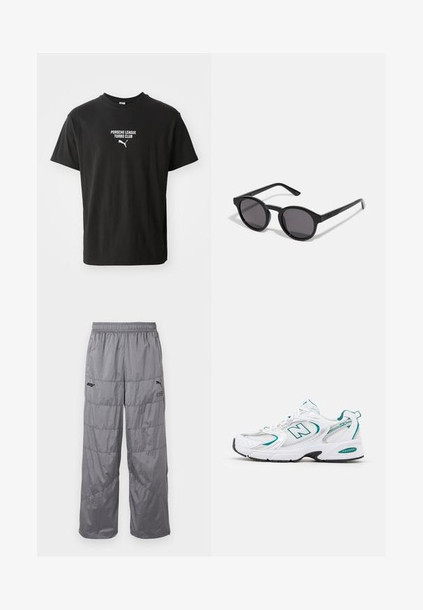 Svart t-shirt i bomull med rund hals, med vit tryckt text "PORSCHE LEAGUE TURBO CLUB" och en liten Puma-logotyp nedanför.; Grå puffbyxor med elastisk midja, med quiltade designlinjer och en liten svart logga på vänster lår. Lättviktig material.; Vit sportskor med mesh- och syntetpanelen, turkosa accenter, rund tå, snörning framtill och svart gummisula.; Svarta solglasögon med en rund, något vågig ram, mörka linser och rak svarta skalmar. Slät, blank yta utan synliga mönster.