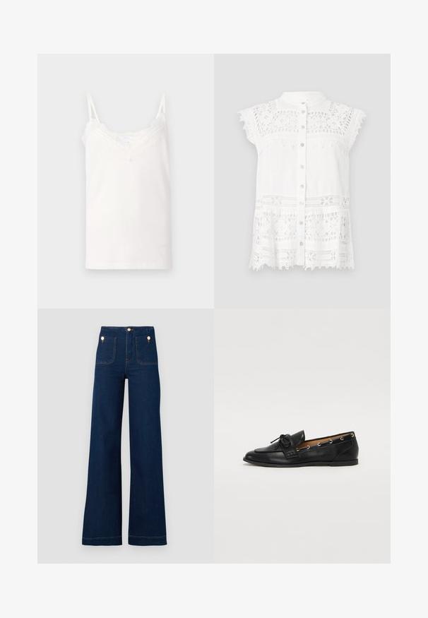 Camisola albă cu bretele ajustabile, având dantelă delicată pe decolteu și tiv, realizată dintr-un material moale din bumbac.; Bluză albă cu mâneci scurte tip capac, având detalii din dantelă și închidere cu nasturi. Material texturat și tiv ondulat pentru un aspect vizual interesant.; Jeans largi de un albastru închis, cu talie înaltă, accente cu nasturi aurii, două buzunare în față și în spate, și detalii cu cusături contrastante. Material de denim texturat.; Mocasini din piele neagră cu fundiță legată, având accente aurii sub formă de ochiuri pe laterale și o talpă plată din cauciuc. Textură netedă, design clasic.
