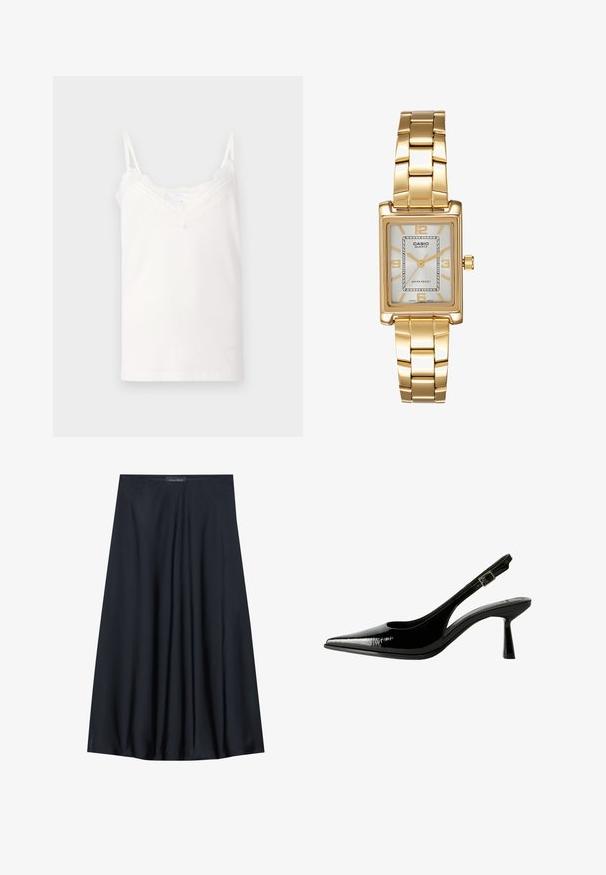 Bielizeň v bielej farbe s nastaviteľnými ramienkami v štýle spagetti, zdobená jemnou čipkou pozdĺž výstrihu a lemu, vyrobená z mäkkej bavlny.; Čierna sukňa po kolená vyrobená z ľahkej tkaniny s voľným strihom. Obsahuje hladkú textúru a jemné záhyby pre dodatočný detail.; Čierne lakované kožené slingback lodičky s špicatou špičkou, vyrezávanými bokmi, nastaviteľným remienkom okolo členka a tenkým, elegantným podpätkom.; Zlatý obdĺžnikový náramkový hodinky s bielym ciferníkom, striebornými indexmi a odolným kovovým náramkom. Obsahuje vodoodolnú funkciu.