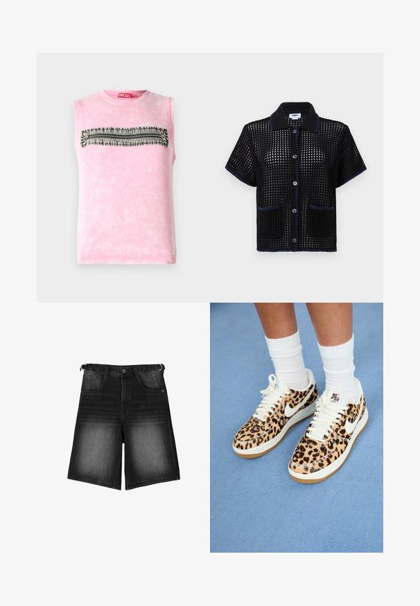Ženska brezrokavnica iz roza bombaža z vodoravno črno-belo vzorčasto črto na prsih. Okrogla izrezanina, mehak tekstura.; Črna pletena majica s kratkimi rokavi z mrežastim vzorcem, modrim obrobom na ovratniku in robovih žepov, z gumbi spredaj.; Črne denim kratke hlače z izbledelim videzom, petimi žepi, gumbom za zapiranje in zankami za pas. Tkanina ima gladko teksturo.; Teniske Nike Air Force 1 z leopardjim vzorom, belimi vezalkami in Swooshom, z tan barvnim gumijastim podplatom in teksturiranim zgornjim delom. Vidne bele crew nogavice.