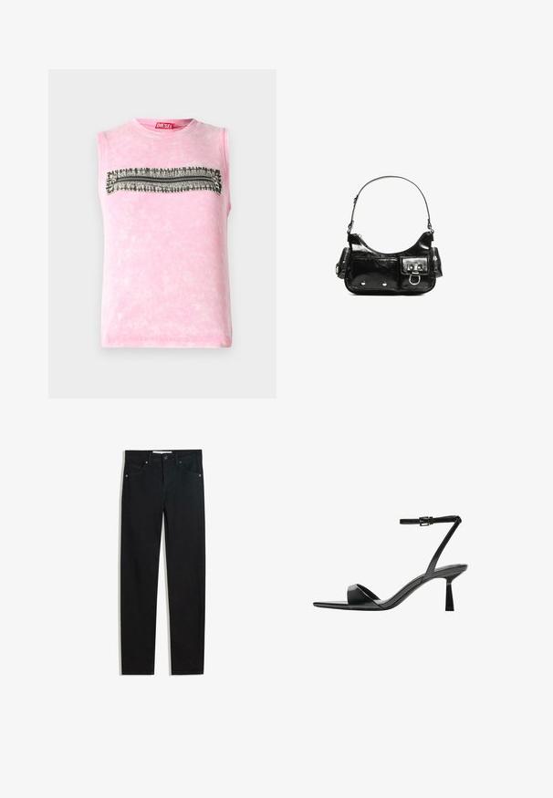 Mayerica bez rukava u ružičastoj boji od pamuka s horizontalnom crno-bijelom prugom preko prsnog dijela. Okrugli izrez, mekana tekstura.; Crne traperice s ravnim dizajnom nogavica, pet džepova, metalnim zatvaranjem na gumbe i suptilnim detaljima šivanja. Glatka tekstura.; Bershka Sandale s visokom petom - black; Crna patentna kožna torba s zakrivljenim oblikom, jednim remenom za rame, prednjim džepovima i akcentima od srebrnog tona.