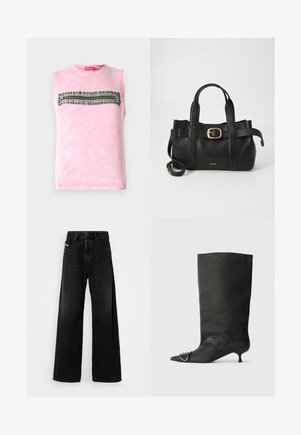 Camiseta sin mangas de algodón rosa con una franja horizontal de patrón en blanco y negro en el pecho. Cuello redondeado, textura suave.; Jeans de denim negro de pierna ancha con cintura alta, que cuentan con un cierre de botón, bolsillos delanteros y una textura desgastada.; Bota de cuero negra hasta el tobillo con punta afilada, tacón pequeño y detalle metálico en la punta. Textura suave y mate en toda la superficie.; Bolso de cuero negro con un diseño estructurado, doble mango superior, detalle de hebilla en tono dorado y logo de la marca grabado en la parte frontal.