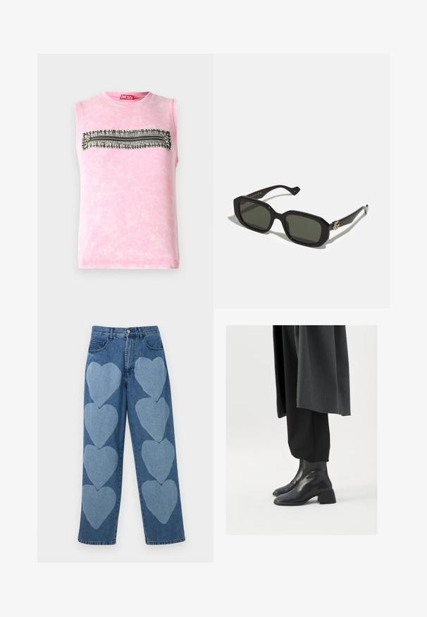 Vaaleanpunainen puuvillapaita ilman hihoja, jossa on vaakasuora musta-valkoinen kuvioitu raidoitus rinnassa. Pyöreä kaula-aukko, pehmeä tekstuuri.; Farkkuhousut väljällä istuvuudella, joissa on etupuolella vaaleansiniset sydänkuviot, viisi taskua ja napitus.; Mustat nahka nilkkurit, joissa on neliön muotoinen kärki ja paksu korko, yhdistettyinä löysiin mustiin housuihin ja tummanharmaaseen takkiin. Tasainen pinta.; Mustat suorakaiteen muotoiset aurinkolasit, joissa on yhtäkkiset vihreät linssit, kiiltävä pinta ja kultainen logo kyljessä.