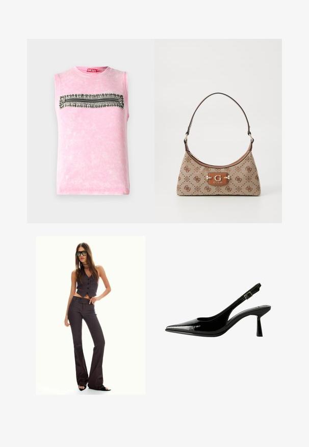 Mouwloze roze katoenen t-shirt met een horizontale zwart-witte gestreepte band over de borst. Ronde halslijn, zachte textuur.; Bruin gestreepte cropped vest en uitlopende broek, met knopen en een gestructureerde stof. Zwarte open teen schoenen en oversized zonnebril.; Zwarte gepatineerde leren slingback pump met een spitse neus, uitsparingen aan de zijkanten, een verstelbare enkelband en een dunne, slanke hak.; Tote bag van beige stof met bruine patroonaccenten. Beschikt over een gebogen vorm, enkele strap en een logo plaatje aan de voorkant met zilverkleurige hardware.