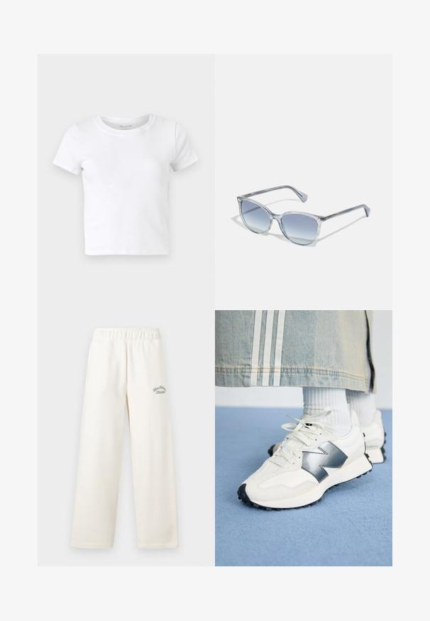 T-shirt branco de algodão de manga curta com decote redondo, textura suave e um design ajustado. Sem padrões ou acessórios visíveis.; Calças largas de cor creme feitas de material suave, com uma cintura elástica. Apresenta texto bordado em verde discreto na frente.; Ténis atléticos brancos com um detalhe prateado, tecido texturizado e couro liso; com uma sola de borracha preta e atacadores.; Óculos de sol estilo gato, transparentes, com lentes degradê azuis e montura fina. Apresentam uma marcação discreta nas hastes.