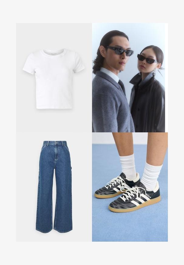 White cotton short-sleeve t-shirt with a round neckline, smooth texture, and a fitted design. No patterns or visible hardware.; Wide-leg blue denim trousers with a high waist, contrasting stitching, and side pockets, featuring a classic five-pocket design and raw hems.; Black leather sneakers with white stripes, round toe, white laces, and gum rubber sole. Accentuated by padded collar and branding details.; Sunglasses with angular black frames on model with a gray sweater, showcasing textured knit and a black leather jacket worn by another model.