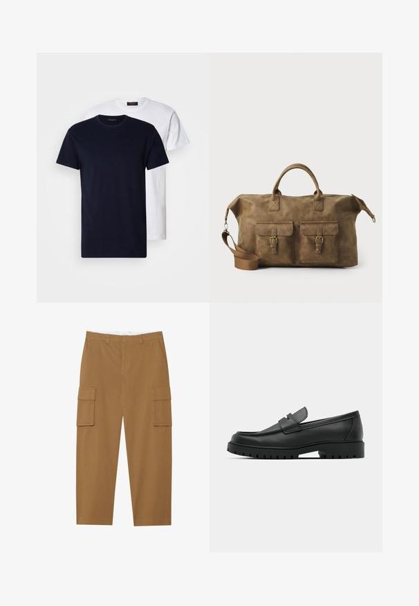 Due magliette di cotone: una blu navy e una bianca, entrambe con maniche corte e colli a giro, con texture liscia e senza motivi visibili.; Pantaloni cargo marroni con due tasche laterali, fronte piatto e taglio dritto. Realizzati in un tessuto durevole con una texture liscia.; Mocassini in pelle nera con punta rotonda, caratterizzati da un design cucito, suola piatta bassa e un battistrada in gomma testurizzata e scolpita.; Borsa da viaggio in pelle marrone con due tasche frontali, tracolla regolabile, hardware dorato e manici superiori robusti. Texture liscia.