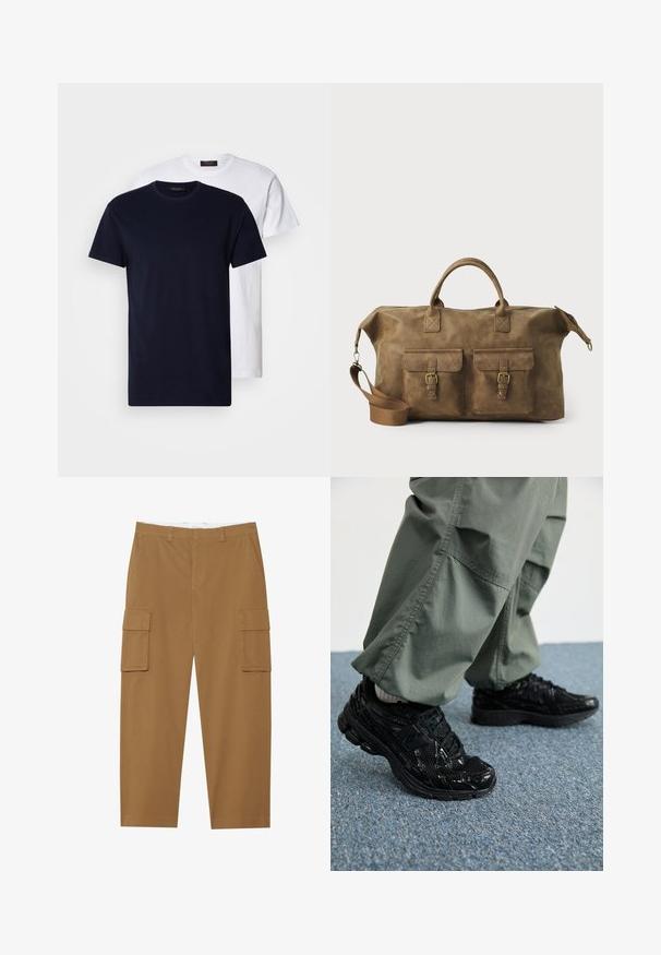 To cotton t-shirts: en marineblå og en hvid, begge med korte ærmer og rund hals, glat tekstur og ingen synlige mønstre.; Brune cargo bukser med to sidelommer, flad front og lige ben. Fremstillet af et slidstærkt stof med en glat tekstur.; Sorte atletiske sneakers med blanke og mesh teksturer, der har en tyk sål og snørebånd, parret med løse olivengrønne cargo bukser.; Brun læder duffel taske med to forlommer, justerbar skulderrem, guldfarvet hardware og robuste top håndtag. Glat tekstur.