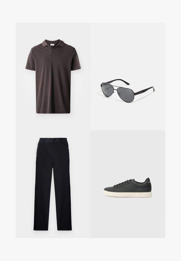 Mørkebrune kortermede polo-skjorter med klassisk krave og et subtilt teksturert stoff, med rett kant og minimalistisk design.; Sorte bukser med lett og teksturert stoff, rett ben-design, elastisk midjebånd og sidelommer med glidelås.; Svart skinnsneaker med lav profil, rund tå og snøring; har en teksturert gummisåle og logo-detalj på hælen.; Svarte pilotbriller med mørke linser, tynn metallramme og slanke plastarmer med logo aksenter.