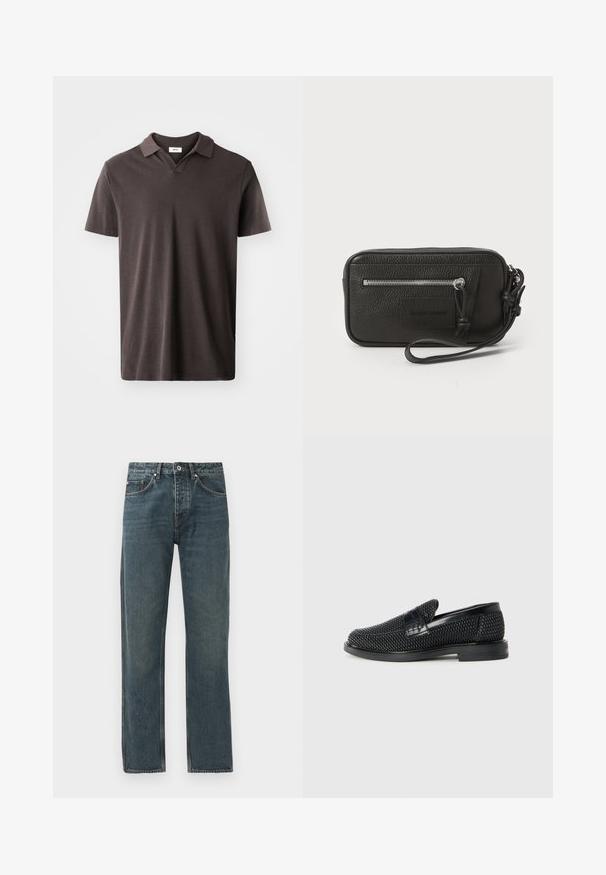 Polo shirt corto a maniche corte di colore marrone scuro, con colletto classico e un tessuto leggermente strutturato, orlo dritto e design minimalista.; Jeans in denim blu scuro con design a gamba dritta, dotati di cinque tasche, chiusura a bottone e dettagli di cucitura a contrasto.; Scarpa nera a mocassino intrecciata con un accentuato in pelle liscia sulla parte superiore, design a punta rotonda e suola in gomma a profilo basso.; Clutch nera in pelle con superficie testurizzata, tasca frontale con zip e tracolla rimovibile. Presenta una patch con logo sul davanti. Forma rettangolare.