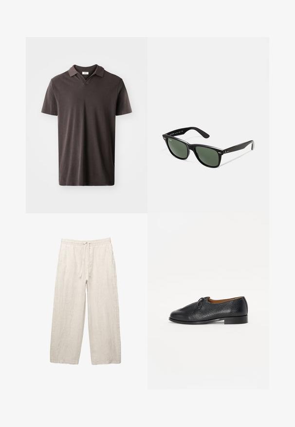 Tmavě hnědá polokošile s krátkým rukávem s klasickým límečkem a jemně texturovanou tkaninou, s rovnými lemy a minimalistickým designem.; Lněné kalhoty v světle béžové barvě, s elastickým pasem a šňůrkou na stažení, širokým nohavicím a bočními kapsami. Hladká textura.; Černá kožená bota s texturovaným povrchem, kulatou špičkou a malou mašlí na svršku. Má nízký, pevný podpatek.; Černé plastové sluneční brýle se zelenými skly, čtvercové obroučky, stříbrný detail na obočí a texturované stranice. Značka uvedená na vnitřní straně stranic.