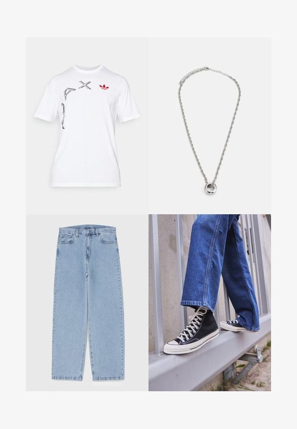 Bílý bavlněný tričko s černými grafickými designy a červeným logem Adidas trojlístku na levé horní straně. Kulatý výstřih a krátké rukávy.; Světle modré džíny s rovnými nohavicemi, středním pasem, pěti kapsami a zapínáním na knoflík a zip.; Černé vysoké tenisky s bílou podrážkou a tkaničkami, v kombinaci s volnými modrými džíny, odpočívající na šedém zábradlí.; Stříbrný kovový náhrdelník se zkroutým řetězem a kulatým přívěskem s leštěným povrchem.