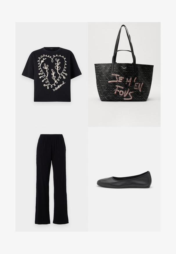 Crna pamučna majica s opuštenim krojem, s kremastim izvezenim dizajnom srca i riječju "vikend" u kurzivu na dnu.; Crne, lagane hlače s elastičnim pojasom i ravnim nogavicama. Meka tekstura bez vidljivih uzoraka ili akcenta. Jednostavan i svestran stil.; Crne kožne baletanke s zaobljenim vrhom, glatke teksture, minimalnim detaljima šavova i fleksibilnim dizajnom potplata.; Crna torba s teksturiranim materijalom i uzorkom dijamanta, rameni remeni i odvažan crveni i bijeli tekst koji glasi "JE M'EN FOUS."