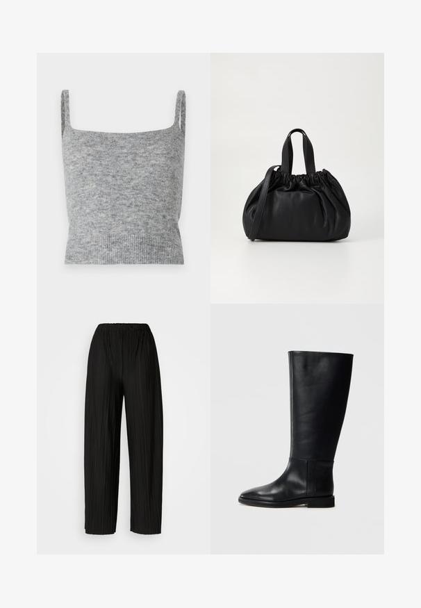 Gray knitted crop top with thin straps, a square neckline, and ribbed hem. Soft texture and subtle pattern create a cozy appearance.; Black pleated wide-leg pants with an elastic waistband. The fabric features vertical pleats and a smooth texture.; Black leather knee-high boot with a rounded toe, smooth texture, minimalistic design, and a flat sole. Simple seam details on the shaft.; Black leather handbag with a gathered top design, featuring two short handles and a long adjustable strap. Smooth texture, rounded shape.