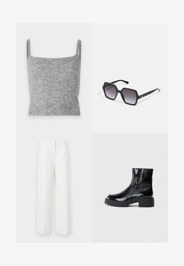 Sivi pleteni kratki top s tankim naramenicama, kvadratnim izrezom i rebrastim rubom. Mekana tekstura i suptilan uzorak stvaraju ugodan izgled.; Bijele hlače širokih nogavica glatke teksture, s ravnim prednjim dijelom i pregibima. Izrađene od lagane tkanine, bez vidljivih uzoraka.; Crne gležnjače s sjajnim lakiranim završetkom, debelim crnim gumastim potplatima i povišenim potpeticama; uključuju suptilan detalj loga sa strane.; Crne heksagonalne sunčane naočale s gradijentnim lećama, s glossy završnom obradom i suptilnim brendingom na ručki. Izrađene od izdržljive plastike.