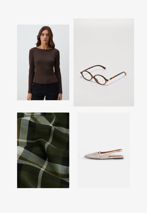 Brązowa, prążkowana bluzka z długim rękawem i szerokim dekoltem, dopasowana w fasonie, zestawiona z ciemnymi spodniami. Gładka, elastyczna tekstura materiału.; Tkanina w kratę w odcieniach ciemnej zieleni, czerni i bieli. Tekstura jest gładka z miękkim, wzorzystym wykończeniem.; Jasno beżowy but typu slingback z ostrym noskiem, wykonany z miękkiego zamszu, z dwoma dekoracyjnymi klamrami i niskim, płaskim obcasem.; Okulary w kształcie owalnym w kolorze tortoishell, z przezroczystymi soczewkami i złotymi akcentami. Posiadają wygięte zauszniki oraz gładkie, błyszczące wykończenie.; COACH BROOKLYN ciemnobrązowy