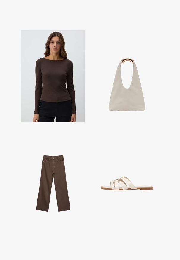 Brown ribbed long-sleeve top with a wide neckline and fitted silhouette, paired with dark pants. Smooth, stretchy fabric texture.; Wide-leg brown jeans made of denim, featuring a high waist, front pockets, and a classic button closure. Smooth texture with subtle stitching.; Flat sandals with a tan rubber sole, designed with three overlapping white leather straps and a small bow detail at the center.; Light gray leather bag with a U-shaped design and a curved metallic handle. Smooth texture with minimal stitching and no visible patterns.