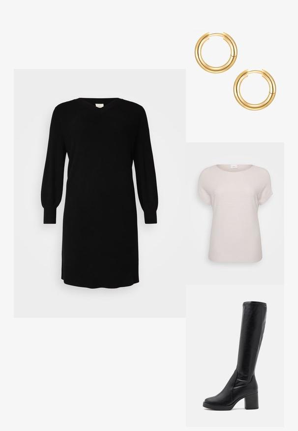 Gai bēšs ribota īsās piedurknes T-krekls ar apaļu kakla izgriezumu un brīvu piegriezumu, izgatavots no mīkstas, teksturētas auduma.; Melnā adītā kleita ar V-veida kakla izgriezumu, garām balonu piedurknēm un ribotiem aprocēm. Vienkāršs dizains ar taisnu piegriezumu, līdz ceļiem garumu.; Melnas ceļgala augstuma zābaki, izgatavoti no gludas ādas, ar masīlu papēdi un apaļu purngalu. Iespējota bezšuvju dizains un maigi šuvju akcenti.; Zeltaini auskari ar dubultā slāņa dizainu. Gluda, spīdīga virsma ar bezšuvju aizdari. Apaļa forma ar modernu izskatu.