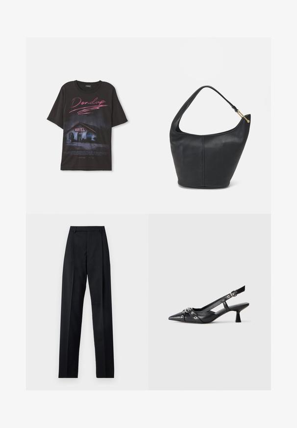 Black cotton T-shirt featuring a graphic of a motel scene with "Dondup" text in pink, oversized fit, no additional embellishments.; Black trousers made from smooth fabric featuring a high waist, wide legs, front pleats, and classic belt loops. No side pockets visible.; Black leather slingback shoe with a pointed toe, decorative straps featuring metal eyelets, and a low block heel. Textured surface.; Black leather handbag with a rounded shape, a wide strap, and a textured finish. Features a subtle seam detail and a gold-tone hardware accent.