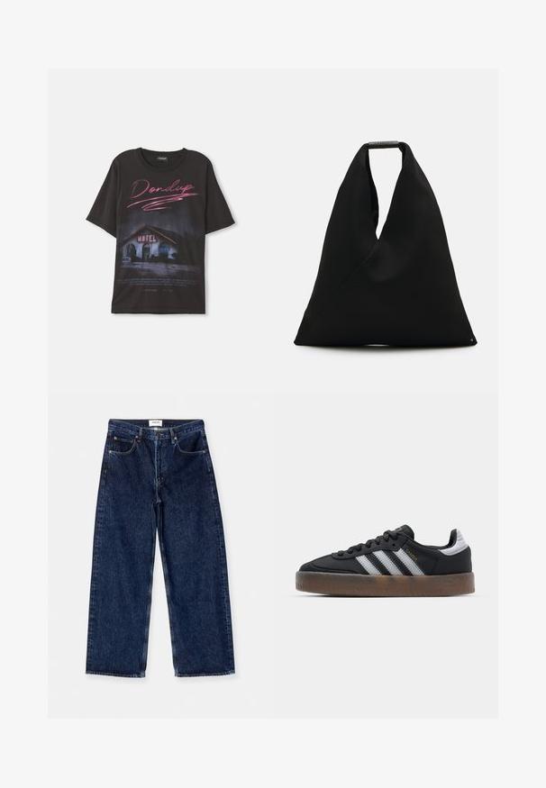 Černé tričko s grafikou motelu a růžovým a bílým textem. Krátké rukávy, volný střih, vyrobeno z bavlny. Text zahrnuje název značky.; Tmavě modré džínové kalhoty s širokými nohavicemi, vysokým pasem, předními kapsami a hladkou texturou s jemnými vyšitými detaily.; Černé tenisky s elegantním designem, které mají tři bílé pruhy, černý jazyk a texturovanou hnědou gumovou podrážku. Akcenty zlatého písma.; Černá taška z látky s jedinečným designem ve tvaru V a hladkou strukturou. Obsahuje krátké ucho s minimalistickým kováním.