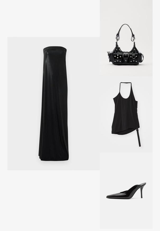 Helmut Lang WIND HARNESS - Top - black; Schwarzes, trägerloses Maxikleid aus glattem, glänzendem Stoff. Es hat ein figurbetontes Oberteil und eine fließende Silhouette, die den Boden erreicht, ohne Verzierungen.; Schwarze Lackleder-Pumps mit hohen Absätzen, spitzer Zehenform und schlanker Silhouette, mit offenem Rücken und schlankem Stiletto-Absatz.; Schwarze Lederhandtasche mit einem geschwungenen Design, verziert mit silbernen Nieten, einer Schnalle und zwei seitlichen Taschen. Verstellbarer Träger für verschiedene Tragemöglichkeiten.