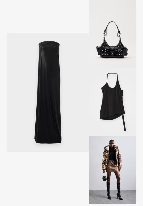Helmut Lang WIND HARNESS - Top - black; Black strapless maxi dress made of smooth, shiny fabric. Features a fitted bodice and flowing silhouette, reaching the floor without embellishments.; Puffer jacket with a brown and black pattern, paired with a brown snake print mini skirt, black knee-high boots, and a small black bag.; Black leather handbag with a curved design, featuring silver studs, a buckle, and two side pockets. Adjustable strap for carrying options.