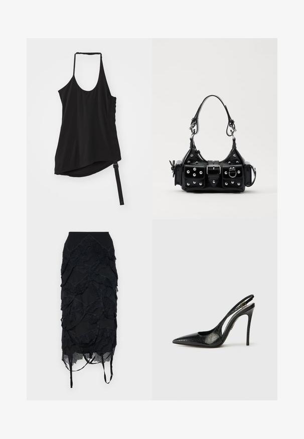 Helmut Lang WIND HARNESS - Top - black; Sort nederdel med lagdelte blondeaccenter, en tætsiddende talje og justerbare stropper. Designet inkluderer et bølge-lignende mønster gennem det hele.; Sort slingback pumpe med spids tå, tekstureret slangemønster, stilettahæl og en dekorativ spænde på stroppen.; Sort læderhåndtaske med et buet design, prydet med sølvfarvede nitter, en spænde og to sidelommer. Justerbar rem til forskellige bære muligheder.