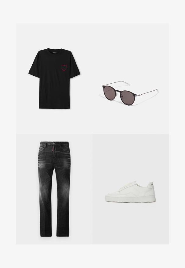 Juoda medvilnės marškinėliai trumpomis rankovėmis, su raudonu siuvinėjimu širdelės formos kairėje krūtinės pusėje. Klasikinis apvalus iškirpimas, laisvas modelis.; Juodi džinsai su tiesiu kirpimu. Spalvoti svyrantys plotai, šiek tiek sugadinti, klasikinis penkių kišenių dizainas ir mygtuko uždarymas.; Balti odiniai sportiniai bateliai su lygia apdaila, apvaliu pirštu, plokščiais raišteliais ir tekstūruotu padu. Pasižymi subtiliu logotipu ant kulno.; Juodos apvalios saulės akinių su tamsiais lęšiais ir plonomis metalinėmis šakomis. Įtraukti skaidrūs šventyklų galai ir sidabriniai akcentai vyrio srityje. Minimalistinis dizainas.