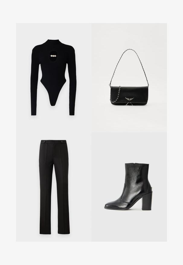 Bodies preto canelado com mangas longas, apresentando um decote alto e um recorte oval decorado com três pérolas brancas.; Calças pretas ajustadas com perna reta, dois bolsos frontais, fecho com botão e detalhes de pregas na parte da frente. Textura de tecido suave.; Bota ankle preta em pele com uma textura suave, bico fino e um salto alto robusto. Apresenta uma abertura lateral e um design minimalista.; Saco de couro preto com uma alça de corrente prateada, apresentando ornamentos em forma de asas e costura branca ao longo da costura inferior.