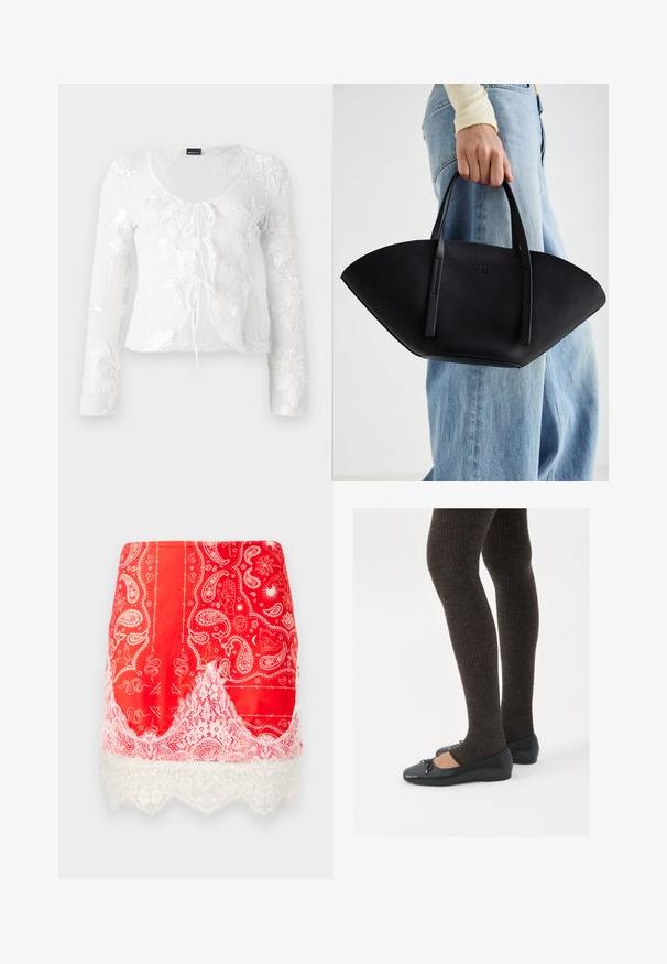 Λευκή διαφανής μπλούζα με μακριά μανίκια που διαθέτει κεντημένα λουλούδια, στρογγυλή λαιμόκοψη και κλείσιμο με κορδόνι μπροστά. Ελαφρώς κοντή τελείωση με υφή.; Κόκκινη μίνι φούστα με λευκά παϊζley και μυστικιστικά σχέδια, περιποιημένη με λευκή λουλουδάτη δαντέλα στο στρίφωμα.; Μαύρες επίπεδες γυναικείες παπουτσάκια με μια μικρή λεπτομέρεια φιόγκο στην μύτη, συνδυασμένες με σκούρες καφέ ριγέ καλσόν. Τα παπούτσια έχουν λεία υφή και χαμηλό προφίλ.; Μαύρη δερμάτινη τσάντα χειρός με μοναδικό σχήμα φτερού, διαθέτει επίπεδους χειροφύλακες. Η επιφάνεια έχει υφή ογκωτού βράχου και μινιμαλιστικό σχέδιο.