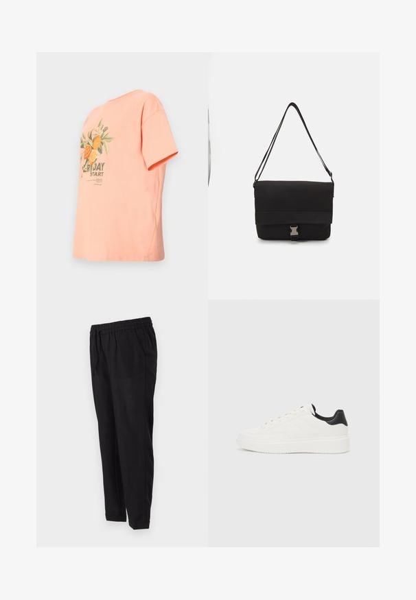 Persikinės spalvos medvilninė marškinėliai su trumpomis rankovėmis, apvaliu iškirpimu ir grafiniu išdėstymu, kuriame pavaizduoti apelsinai su užrašu "KIEKVIENĄ DIENĄ PRADĖK."; Juodi kelniai su elastinga juosmens juosta, šoninėmis kišenėmis, siaurėjančiomis kojomis ir sukniubusiais manžetais. Pagaminti iš švelnaus, lengvo audinio.; Balti odiniai sportbačiai su įspaustu raštu, tekstūruotas baltas vidpadis ir juodas kulno akcentas. Ypatybės: apvalus pirštas ir plokščios batraiščiai.; Juodas pranešėjo krepšys, pagamintas iš lygaus medžiagos, su užkloto dangčiu, sidabrine užsegimo aparatūra ir reguliuojama petneša.