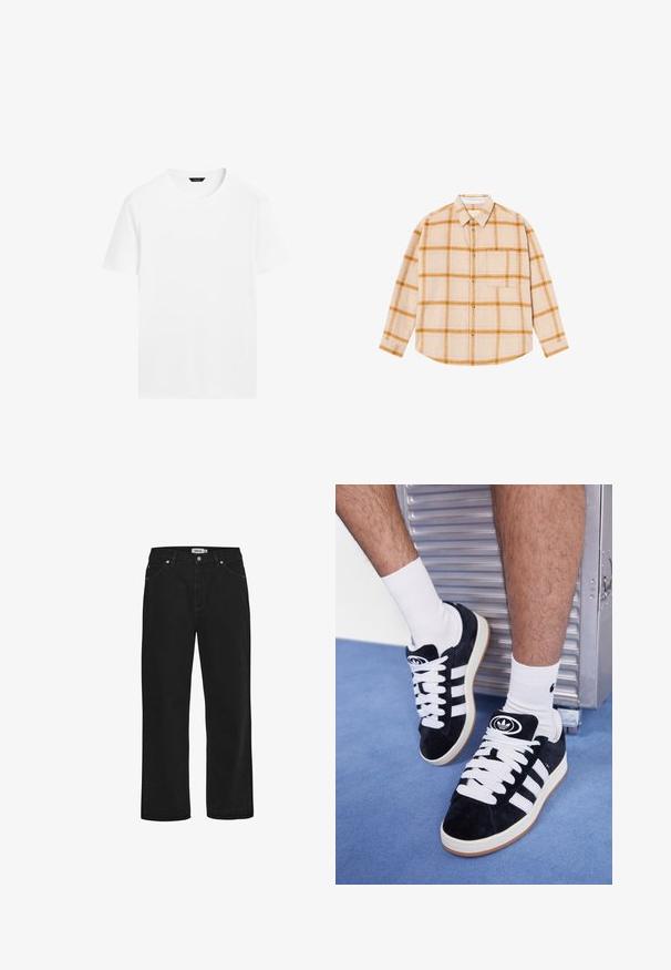 Witte katoenen t-shirt met een ronde hals, korte mouwen en een rechte snit. Heeft een gladde, lichtgewicht textuur en geen zichtbare patronen.; Langarm geruit overhemd in beige met gele en bruine blokken, knoopsluiting, enkele borstzak, gemaakt van een textuurstof.; Zwarte denim jeans met een rechte pasvorm, vijf-pocket ontwerp, koperen hardware accenten en een stevige tailleband. Gladde textuur, onopgesmukt stijl.; Zwarte suède sneakers met witte veters en drie witte strepen. Heeft een cirkelvormig zwart logo op de tong en een gumrubberen zool.