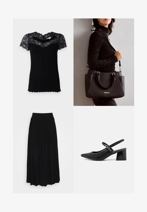 Camiseta negra de canalé con mangas cortas de encaje y escote con volantes. Presenta un diseño ajustado y una tela texturizada.; Falda negra con plisados y una cinturilla alta y elástica. Fabricada en una tela suave, presenta plisados verticales que crean una silueta fluida.; Tacones slingback de charol negro con punta afilada, un diseño de corte redondeado y tacón bloque. Incluye un detalle de hebilla en tono dorado.; Bolso negro con superficie texturizada, doble asa superior y correa para hombro ajustable. Presenta herrajes en tono dorado y bolsillos laterales.