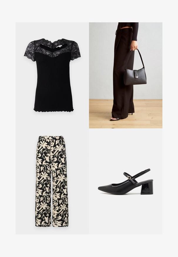 Schwarzes, geripptes T-Shirt mit kurzen Spitzenärmeln und gewelltem Ausschnitt. Verfügt über eine taillierte Passform und strukturierte Stoffqualität.; Schwarze weit geschnittene Hose mit einem cremefarbenen Blumenmuster. Hergestellt aus leichtem Stoff, mit einer glatten Textur und einem hohen Bund.; Schwarze Lackleder-Slingback-Absätze mit spitzer Zehenform, einem runden Ausschnitt-Design und einem Blockabsatz. Mit einem goldfarbenen Schnallenakzent.; Schwarze Handtasche mit strukturierter Form, glatter Textur und einem metallischen Verschluss. Kombiniert mit weiten schwarzen Hosen und offenen Sandalen auf einem Holzboden.