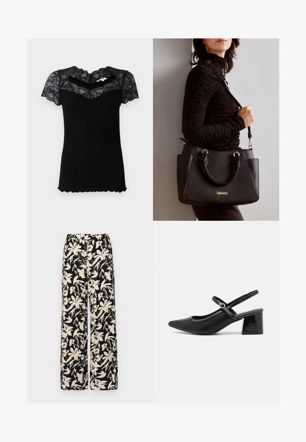 Sort ribbet t-shirt med korte blondeskuldre og bølget halsudskæring. Har en tætsiddende pasform og tekstureret stof.; Sorte vide bukser med et mønster af cremefarvede blomster. Lavet af letvægtsstof, som har en glat tekstur og en høj talje.; Sorte patentlæder slingback hæle med spids tå, rund udskæring og blokhæl. Har en guldtonet spændeaccents.; Sort håndtaske med struktureret overflade, dobbelt topbærere og justerbar skulderrem. Udstyret med guldfarvet metalhardware og sidelommer.