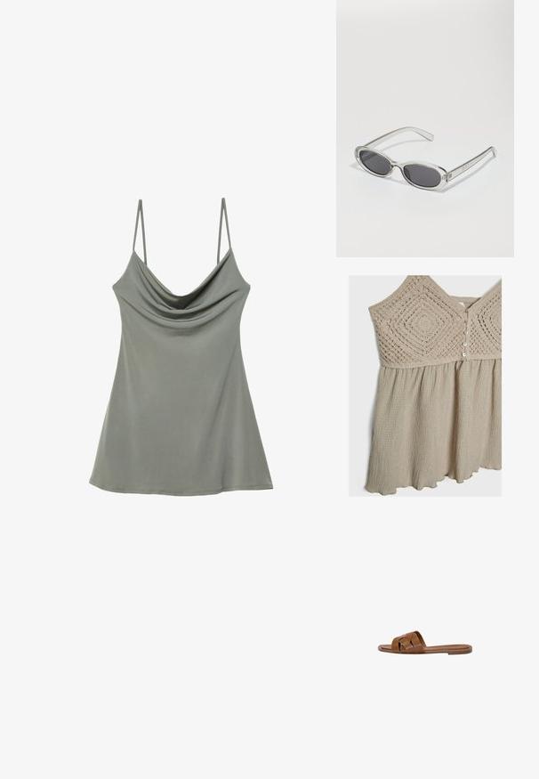 Svetlo bež obleka z texturaškim kvačkanim korzetom in gubastim krilom. Vstavki imajo gumbne zapore in valovito rob. Mehka, rahlo padajoča tkanina.; Ohlapna svetlo siva kamizola s tankimi nastavljivimi naramnicami, izdelana iz mehkega materiala, z udobnim krojem in gladko teksturo.; Rjav usnjeni natikač s prečnimi trakovi, ravnim podplatom in gladko teksturo. Preprost dizajn brez okraskov ali vzorcev.; Sončna očala ovalne oblike, prozoren plastičen okvir, temno sivi leči in tanke prozorne roke z logotipnimi akcenti in minimalnimi detajli.; Rjava usnjena torba čez ramo z vzorcem logotipa, zlatim verigo, zadrgo in zlatimi dodatki. Kompaktna in pravokotna oblika.