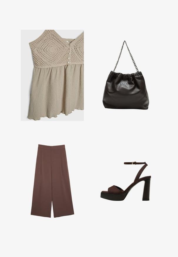 Light beige dress featuring a textured crochet bodice and a gathered skirt. Insets have button closures and a wavy hemline. Soft, flowy fabric.; Brown wide-leg trousers with a smooth texture, featuring a high waist and front pleats. The fabric is lightweight and flows loosely.; Brown suede high-heeled sandal with an open toe, adjustable ankle strap, and a striped platform sole.; Brown leather bag with a gathered top and a chain strap. Smooth texture with a glossy finish and subtle seam detailing on the sides.