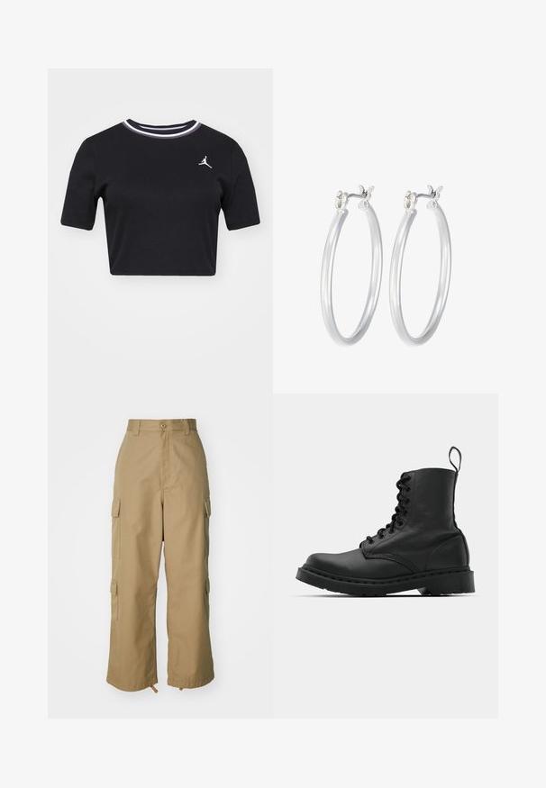 Jordan T-paita - black/white; Beige cargo-housut korkealla vyötäröllä, leveillä lahkeilla ja neljällä suurella sivutaskulla. Valmistettu kestävästä kankaasta, jossa on sileä pinta ja minimaalinen yksityiskohtaisuus.; Musta nahkasaapas taisteluun, jossa on pyöreä kärki, nauhakiinnitys etuosassa ja vetolenkki nilkassa. Varustettu paksulla kumipohjalla kestävyystä varten.; Hope-silver rengas, joissa on sileä ja kiillotettu pinta. Pyöreä muoto ja turvallinen napsautettava lukitus. Kevyt muotoilu sopii päivittäiseen käyttöön.
