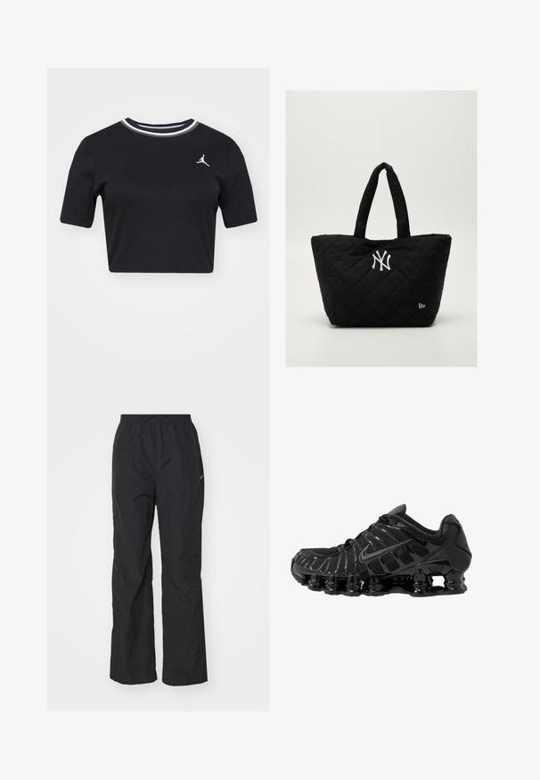 Jordan Lihtne T-särk - black/white; Mustad musta, kergest materjalist püksid, millel on elastne vöökoht ja nöör. Omab tekstureeritud viimistlust ja väikest peegeldavat logo külgedel.; Must mustusjalats, millel on võrkmaterjalist ülemine osa ja läikivad kattekihtide detailid. Omab kaardus spiraallöögi pehmendust ning tekstuuriga jooni küljel. Nähtav Nike logo.; Kästi must käekott topeltkäepidemete ja valge New York Yankeesi logoga, millel on külgedel väike brändiemaika.