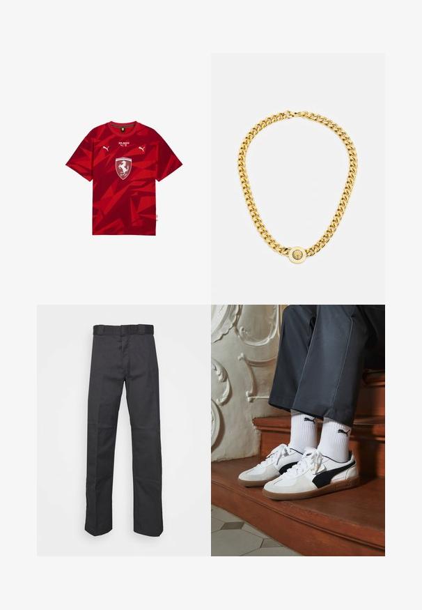 Rode katoenen T-shirt met een geometrisch patroon, een ronde hals, korte mouwen en een centraal wit Ferrari-logo binnen een schildontwerp.; Zwarte broek van duurzaam materiaal, met een rechte pijpdesign, een tailleband met riemlussen en naden voor extra textuur.; Puma sneakers in wit en zwart suède, met een bruine rubberen zool. Gecombineerd met witte sokken met een zwart logo, gedragen met donkere broek.; Gouden ketting met grote onderling verbonden schakels, met een ronde hanger in het midden met een verhoogd embleem.