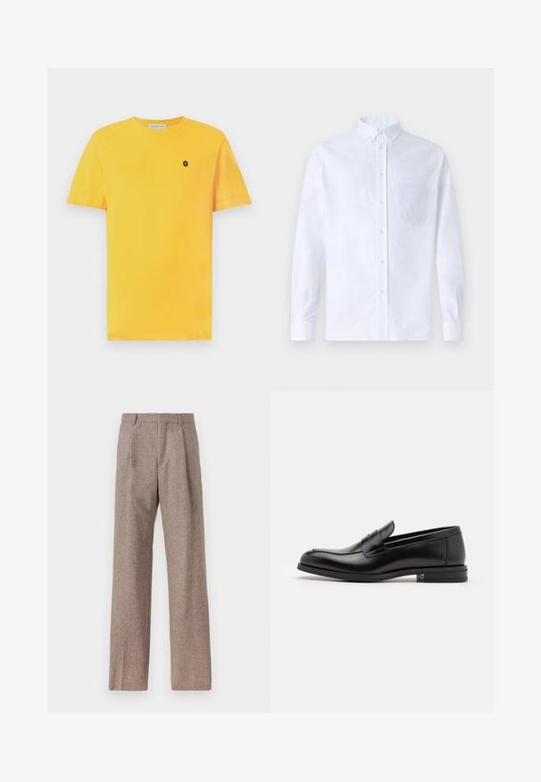 Yellow cotton T-shirt with short sleeves, round neckline, and a small black logo on the left chest area. Smooth texture and standard fit.; White long-sleeve button-up shirt made of cotton, featuring a chest pocket with tonal embroidery, a collar, and button cuffs.; Brown, high-waisted trousers made of textured fabric. Features wide legs and two front pleats for structure. Neat finish with no visible hardware.; Black leather loafers with a smooth texture, rounded toe, and a decorative strap across the vamp. Low stacked heel, minimalist design.