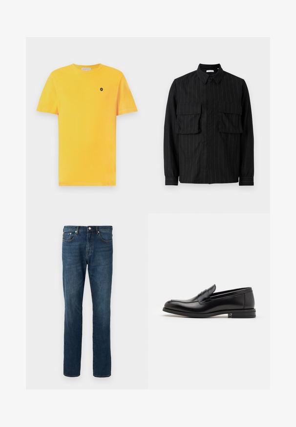 Gul bomulds T-shirt med korte ærmer, rund halsudskæring og et lille sort logo på venstre brystområde. Glat tekstur og standard pasform.; Sorte langærmet skjorte med vertikale striber, to brystlommer, krave og knaplukning. Blødt, struktureret stof.; Mørkeblå denim jeans, lige ben, fem lommer, knaplukning, med subtile falmning og syning detaljer. Glat tekstur.; Sorte læderloafers med en glat overflade, rund tå og en dekorativ strop over vampen. Lav hæl med stabeldesign, minimalistisk stil.