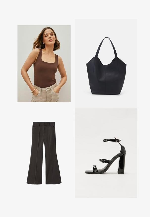 Bodysuit marrón sin mangas con un escote cuadrado, hecho de una tela suave, combinado con pantalones de tiro alto en un color beige claro. Diseño simple.; Pantalones de campana negros con cintura alta; cuentan con dos bolsillos frontales y una textura de tela suave. Adecuados para diversas ocasiones.; Sandalias de tacón de charol negro con punta cuadrada, correas en el tobillo y hebillas plateadas. Presentan un tacón grueso para mayor estabilidad.; Bolso tote negro fabricado en cuero liso, con un diseño minimalista que presenta un borde superior curvado y dos asas para el hombro.