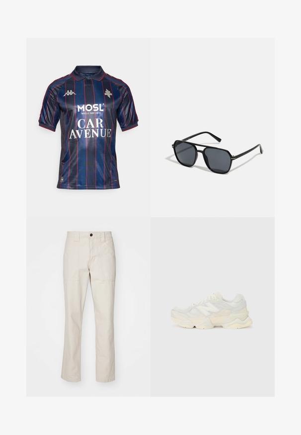 Camisa polo de azul-marinho com riscas verticais vermelhas, mangas curtas, colarinho e logótipos em prata. Apresenta texto de patrocinador impresso em branco.; Calças de algodão bege com um design de perna reta, apresentando dois bolsos frontais, um fecho de botão único e acentos de costura visíveis.; Sapatilha leve com um upper em malha e camurça em tons suaves de creme, com uma sola robusta e acentos tridimensionais.; Óculos de sol pretos com armação octogonal, lentes escuras, acabamento brilhante, hastes finas e detalhes em dourado na parte frontal.