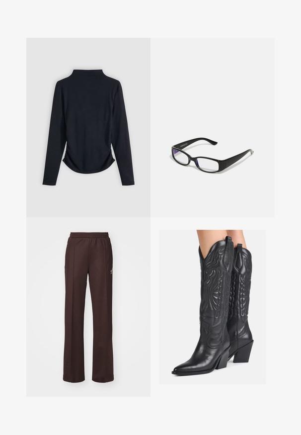 Svart langermet topp med høy krage, samlet side og glatt tekstur. Enkelt design uten synlige mønstre eller metalliske detaljer.; Brune idrettsbukser med elastisk midjebånd, to sidelommer og en liten logo på venstre side, laget av et mykt stoff.; Sorte lærværksstøvler med indviklede prægetesigns, spidse tæer og kraftige hæle. Har sømde detaljer og trækflapper.; Sorte rektangulære briller med klare linser. Glatt overflate, smale stenger og lilla nyanse synlig på kantene av linsene.